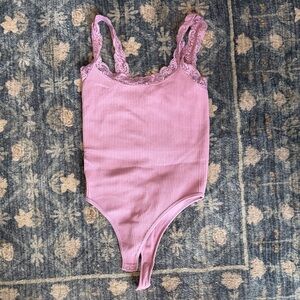 Hippie Rose Pink Ribbed Lace-Trim One-Piece Bodysuit